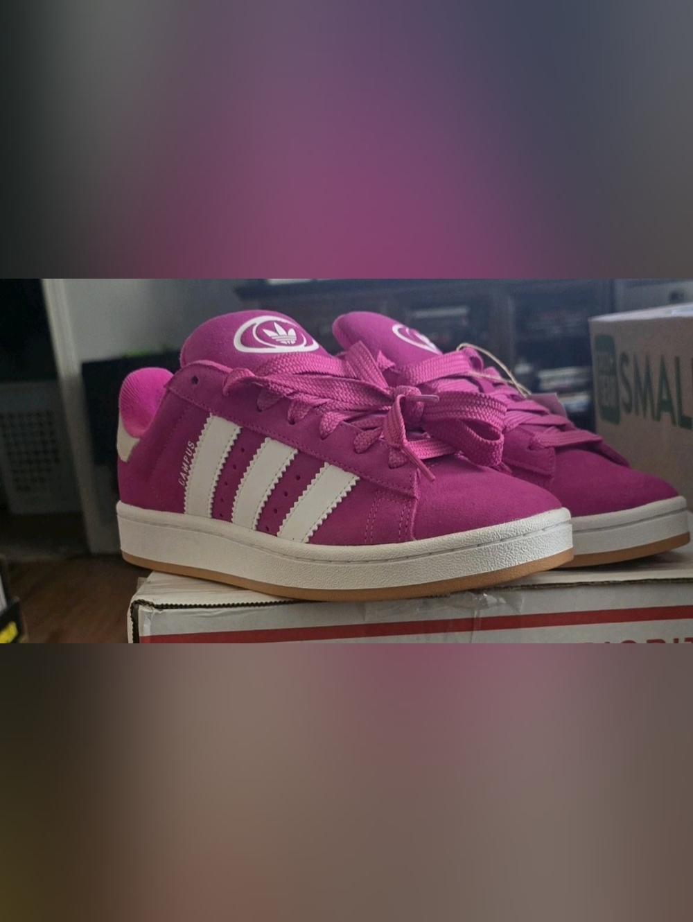 Adidas Women’s Magenta Suede Sneaker with White Stripes